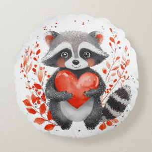 cute racoon with heart for valentine's day round cushion