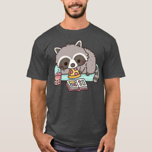 Cute Racoon With Pizza Bubble Tea And Manga T-Shirt