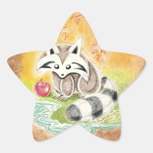 Cute racoon with red apple near pond star sticker (Front)