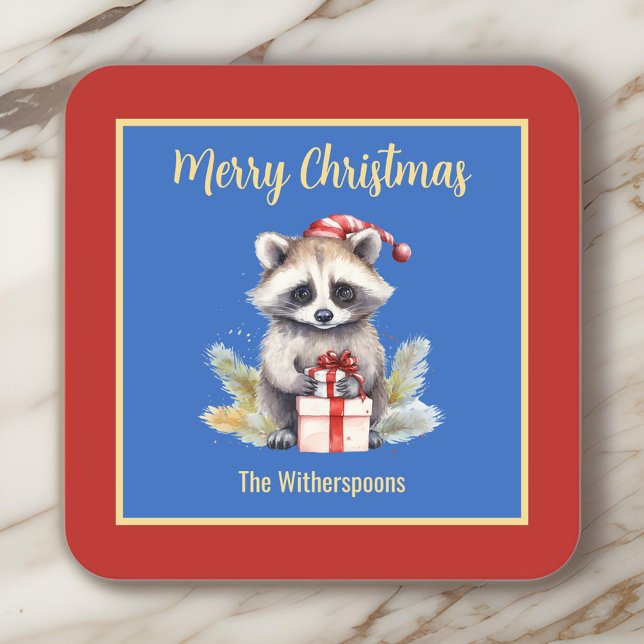 Cute Racoon with Santa Hat Merry Christmas Square Paper Coaster (Creator Uploaded)