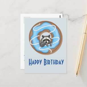Cute Racoon with Sweet Doughnut Happy Birthday Blu Postcard