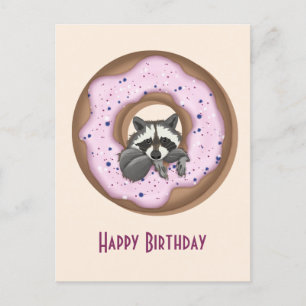 Cute Racoon with Sweet Doughnut Happy Birthday Pin Postcard