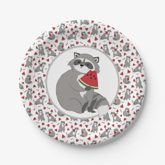 Cute racoon with watermelon paper plate (Front)