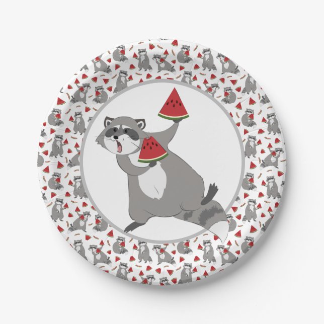 Cute racoon with watermelon paper plate (Front)