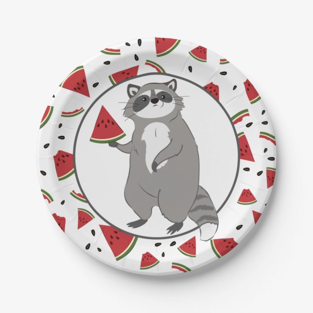  Cute Racoon with Watermelon Pieces   Paper Plate (Front)