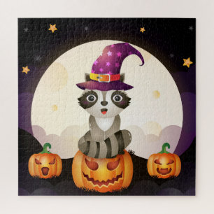 Cute Racoon Wizard, Pumpkins and Moon Jigsaw Puzzle