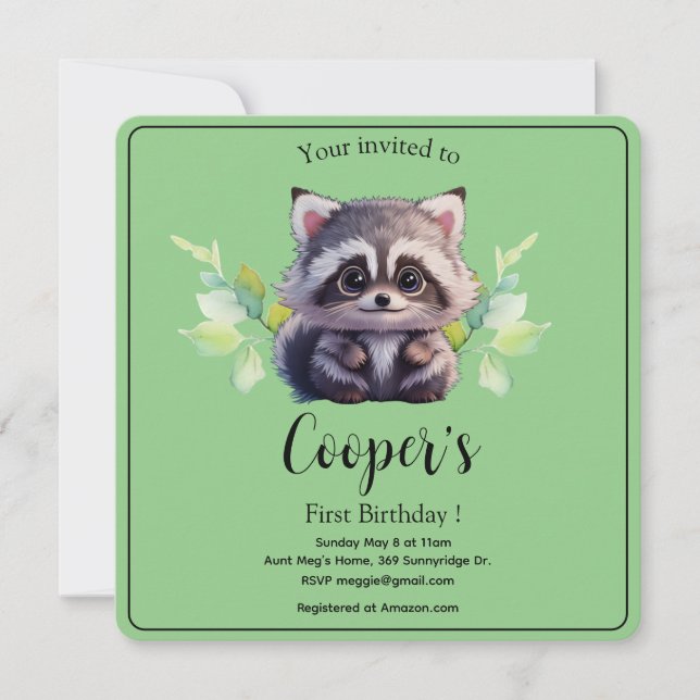 Cute racoon woodland animals forest friends  invitation (Front)