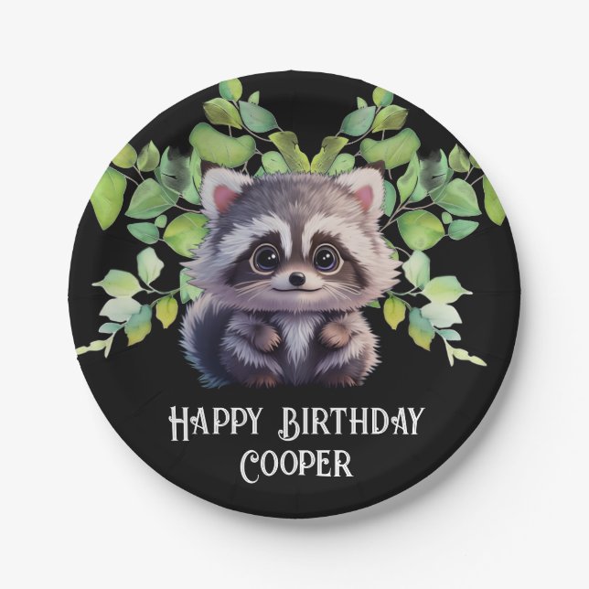 Cute racoon woodland animals forest friends  paper plate (Front)