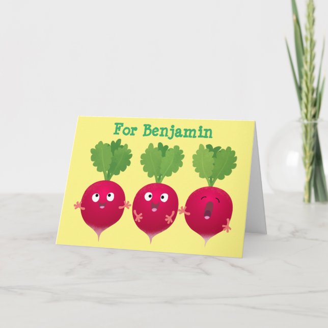 Cute radishes singing trio cartoon vegetables card (Front)