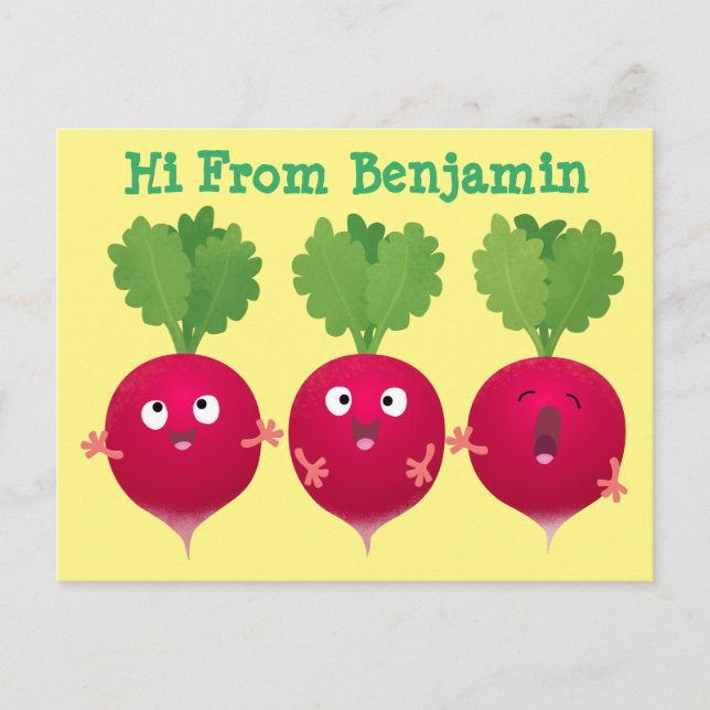 Cute radishes singing trio cartoon vegetables postcard (Front)
