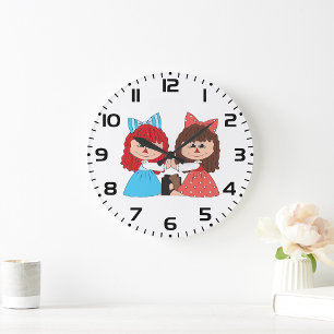 Cute Rag Doll Friends Girls with Bows and Dresses  Large Clock
