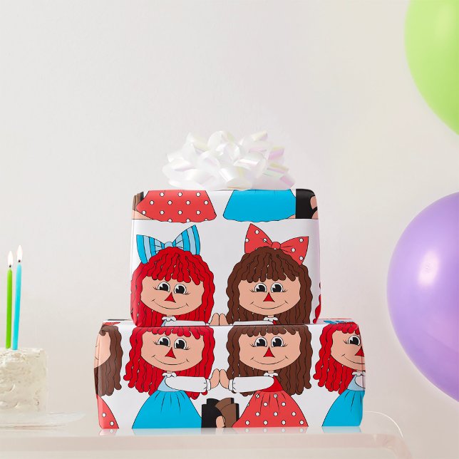 Cute Rag Doll Friends Girls with Bows and Dresses  Wrapping Paper (Creator Uploaded)
