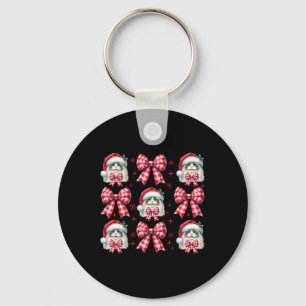Cute Ragdoll Cat Red Plaid Coquette Bow Christmas Key Ring
