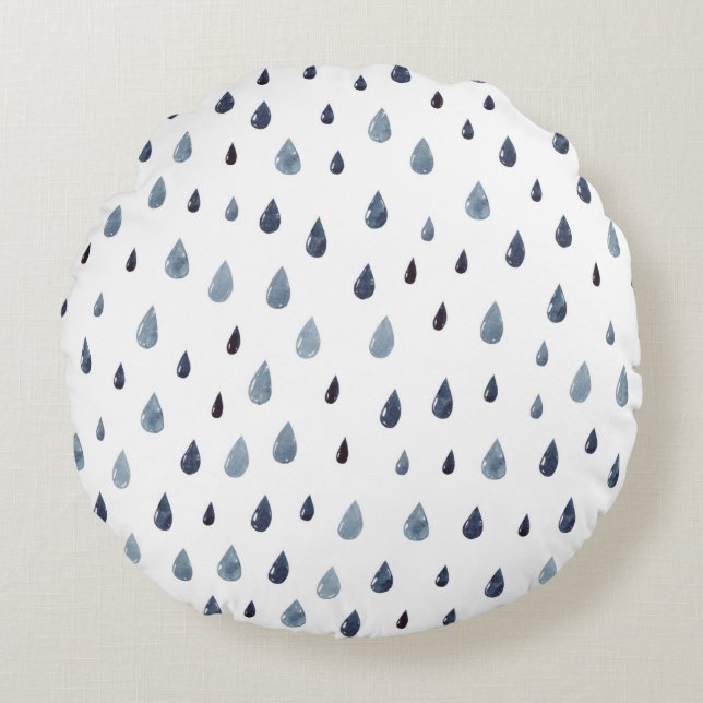 Cute rain. Watercolor seamless pattern. Indigo rai Round Cushion (Front)