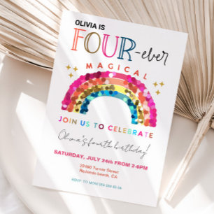 Cute Rainbow 4th birthday FOUR ever Magical Invitation