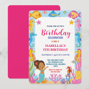 cute rainbow Afro mermaid sea horse fish birthday Save The Date
