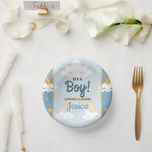Cute Rainbow and Sleeping Cloud Baby Shower Paper Plate