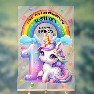 Cute Rainbow and Unicorn 1st Birthday Party Acrylic Sign