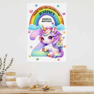 Cute Rainbow and Unicorn 2nd Birthday Party Poster