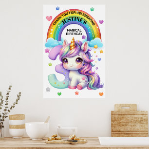 Cute Rainbow and Unicorn 3rd Birthday Party Poster
