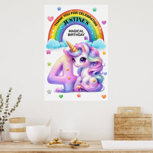 Cute Rainbow and Unicorn 4th Birthday Party Poster