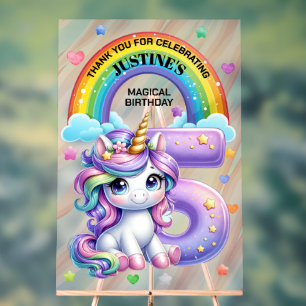 Cute Rainbow and Unicorn 5th Birthday Party Acrylic Sign
