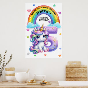 Cute Rainbow and Unicorn 5th Birthday Party Poster