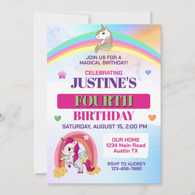 Cute Rainbow and Unicorn Any Age Birthday Party Invitation (Front)