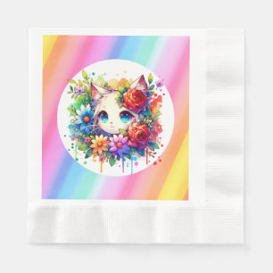 Cute Rainbow Anime Cat Birthday Cake Napkin