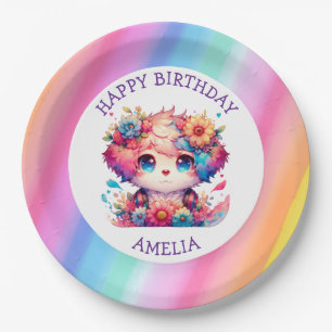 Cute Rainbow Anime Dog Birthday Cake Personalized Paper Plate