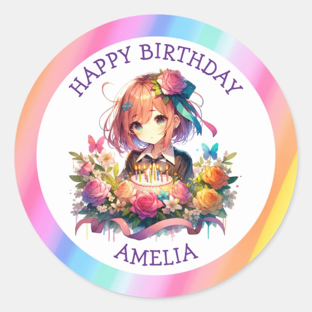 Cute Rainbow Anime Girl Birthday Cake Personalised Classic Round Sticker (Front)