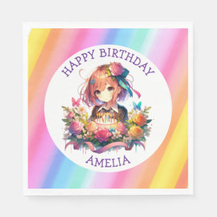 Cute Rainbow Anime Girl Birthday Cake Personalised Napkin