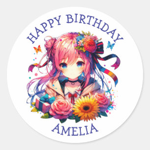 Cute Rainbow Anime Girl Birthday Personalised Classic Round Sticker