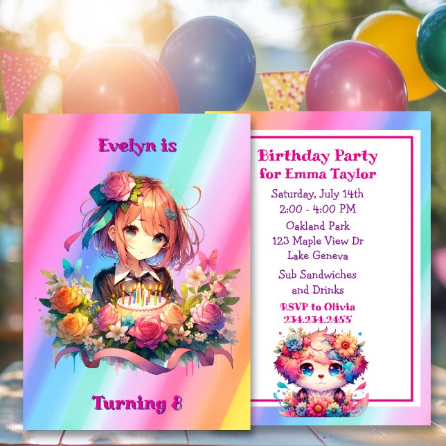 Cute Rainbow Anime Girl's Birthday Party Invitation (Creator Uploaded)