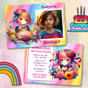 Cute Rainbow Anime Girl's Birthday Party Invitation