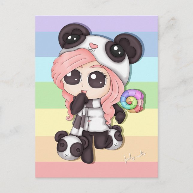 Cute Rainbow Anime Panda Girl Postcard (Front)