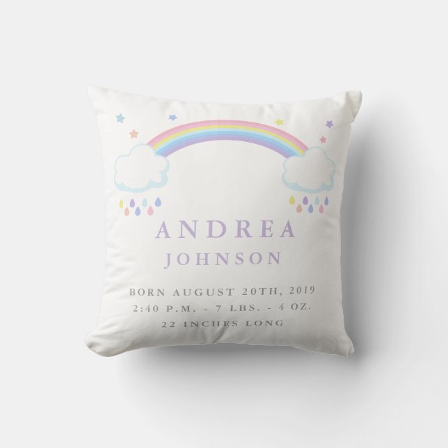 Cute Rainbow Birth Announcement Nursery Pillow (Front)