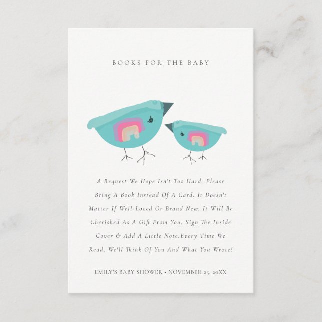 Cute Rainbow Blue Birdy Books For Baby Shower Enclosure Card (Front)