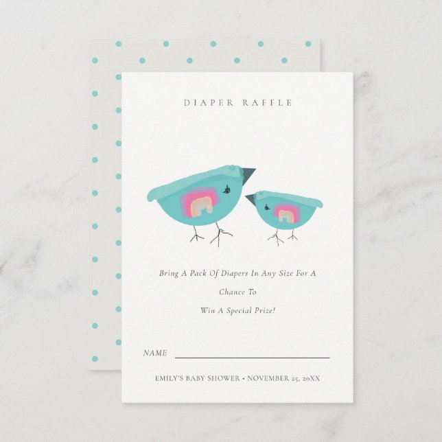 Cute Rainbow Blue Birdy Diaper Raffle Baby Shower Enclosure Card (Front/Back)