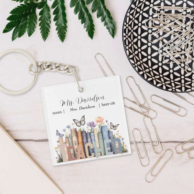 Cute Rainbow Bookshelf & Books Teacher Monogram Key Ring (Creator Uploaded)