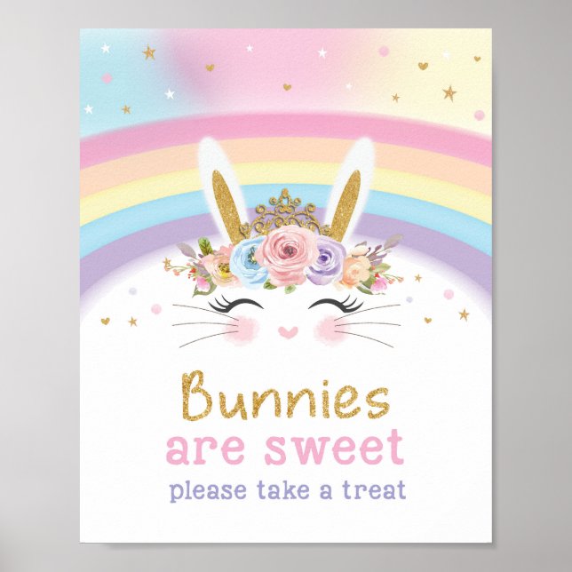 Cute Rainbow Bunny 1st Birthday Sweet Treat Sign (Front)