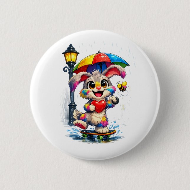 Cute Rainbow Bunny with Umbrella Design 6 Cm Round Badge (Front)