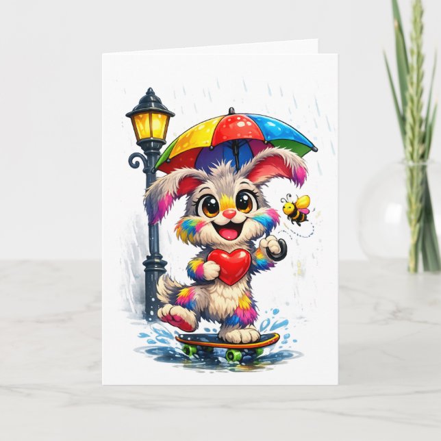 Cute Rainbow Bunny with Umbrella Design Card (Front)