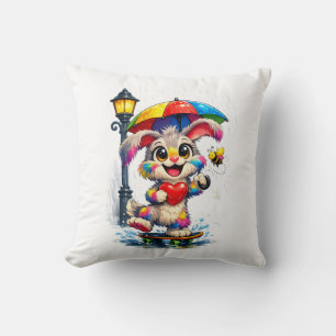 Cute Rainbow Bunny with Umbrella Design Cushion