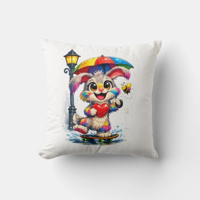 Cute Rainbow Bunny with Umbrella Design Cushion (Front)
