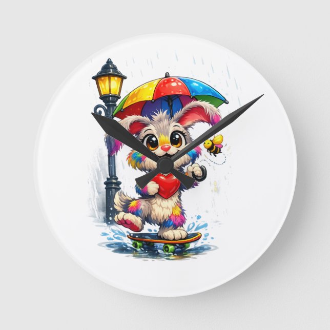 Cute Rainbow Bunny with Umbrella Design Round Clock (Front)