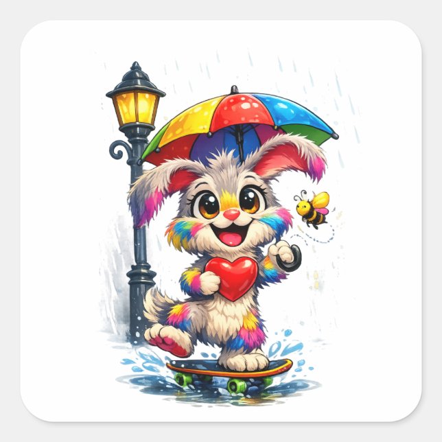 Cute Rainbow Bunny with Umbrella Design Square Sticker (Front)