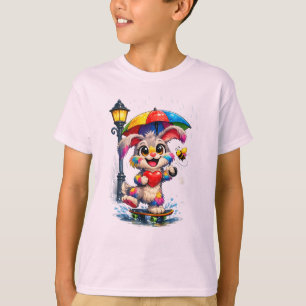Cute Rainbow Bunny with Umbrella Design T-Shirt