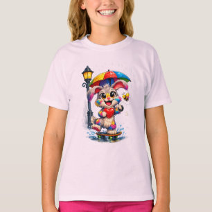 Cute Rainbow Bunny with Umbrella Design T-Shirt