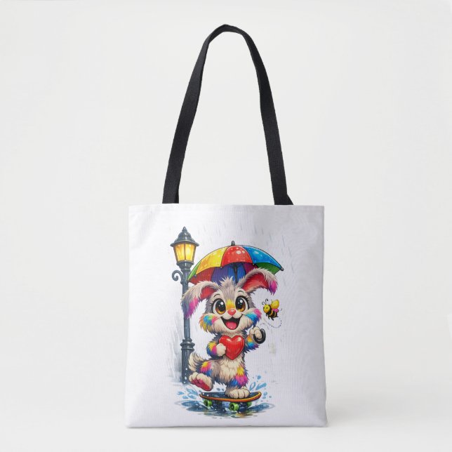 Cute Rainbow Bunny with Umbrella Design Tote Bag (Front)